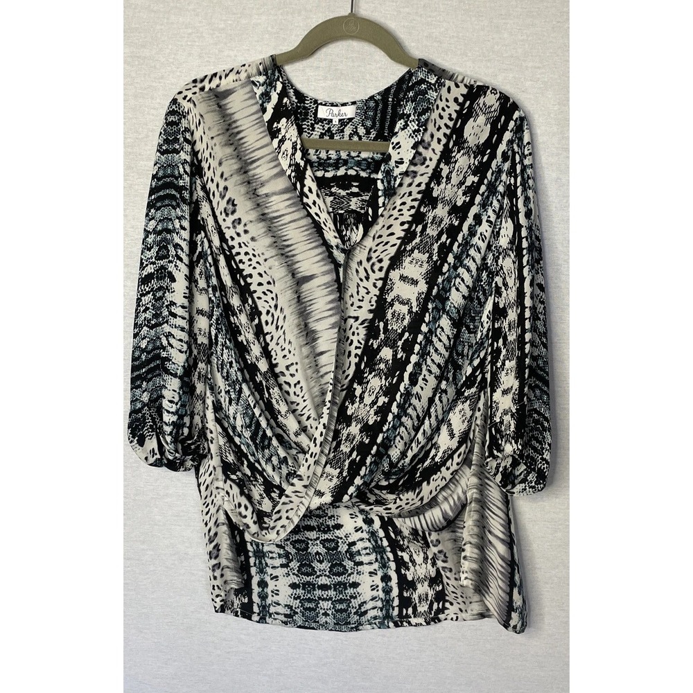 Parker Silk Blouse Womens S Blue Black Animal Print Draped Twist Front Boho Chic